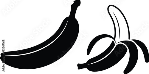 Banana silhouette vector illustration, whole and peeled fruit icon, black tropical food graphic, minimalist healthy nutrition design