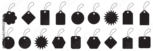 Gift Tags Price Tags Icon Set, Black Silhouette Collection, Multiple Shapes and Sizes, Isolated White Background, Retail Holiday Marketing Vector