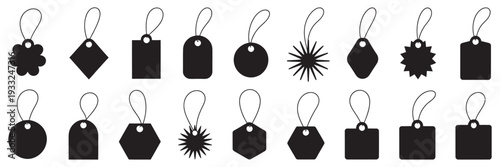 Gift Tags and Price Tags Black Silhouettes, Variety of Shapes and Sizes, Isolated White Background, Retail Holiday Promotion Vector Icons
