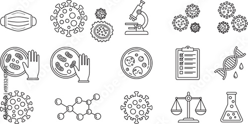 Set of medical laboratory icons including virus cells, microscope, face mask, petri dish, dna, and test tube, flat vector illustration.