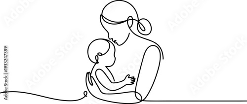 Mother gently cradling her newborn baby in a serene and peaceful environment, viewed from the side