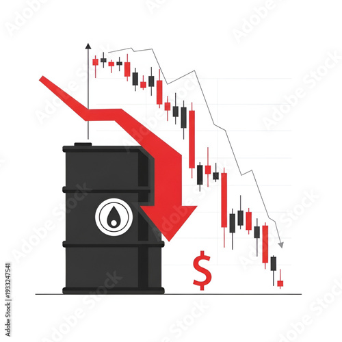 Oil price decrease chart with falling red arrow and barrels