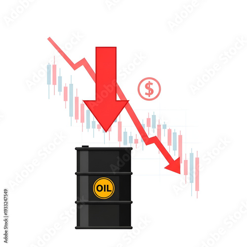 Oil price decrease chart with falling red arrow and barrels