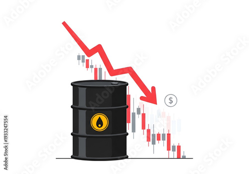 Crude oil barrel with loss arrow and financial statistics