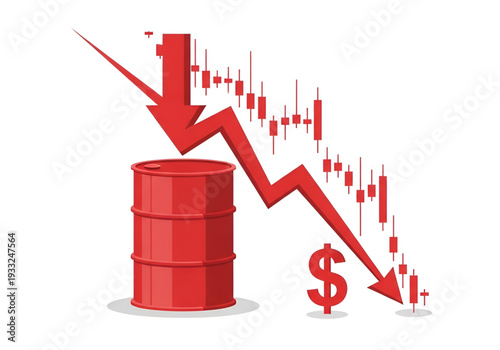 Crude oil barrel with loss arrow and financial statistics