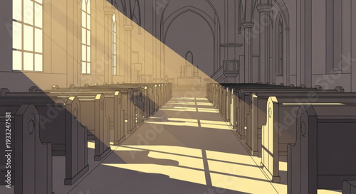 Sunlit church aisle with pews and arched doorway on transparent background