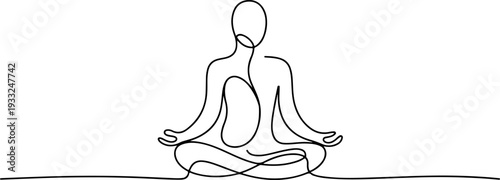 A person meditating in a serene environment, depicted in a simple line art style from a front view