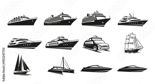 Collection of various ship silhouettes, showcasing diverse nautical vessels and transportation.