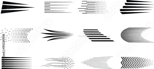 Collection of twelve distinct black speed lines and motion trail graphic elements for abstract design work