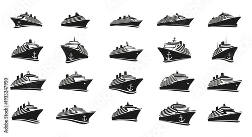 Collection of various cruise ship silhouettes in black and white, vector illustration.