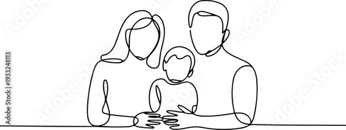 Continuous line drawing of happy family with parents and child embracing, showing love from various viewpoints in a simple graphic