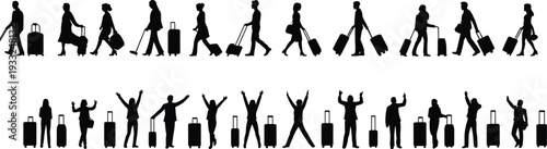 Black silhouette collection of diverse travelers walking with luggage and cheering for global tourism airport transit vacation travel and successful holiday journey lifestyle concepts.
