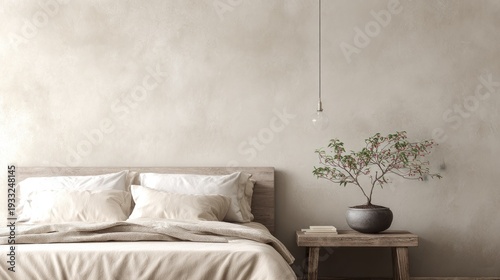 Minimalist bedroom interior features neutral tones and natural wooden furniture beside a textured wall