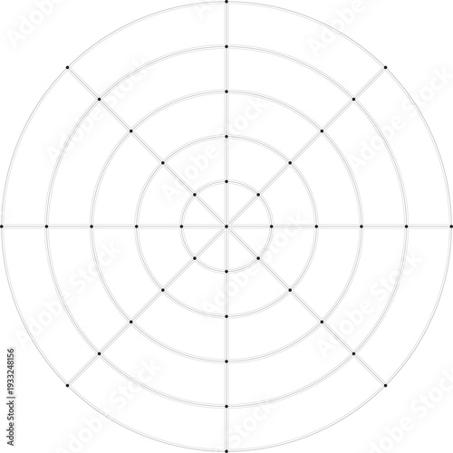 Black line radial grid texture with cells and dots on white background. FUI science round grid backdrop. Math or technological notebook blank circular sheet.