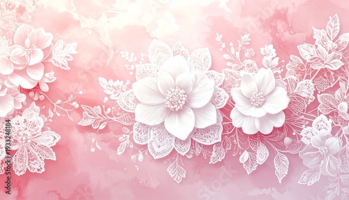 A delicate floral arrangement, rendered in white against a soft pink watercolor background, exudes elegance
