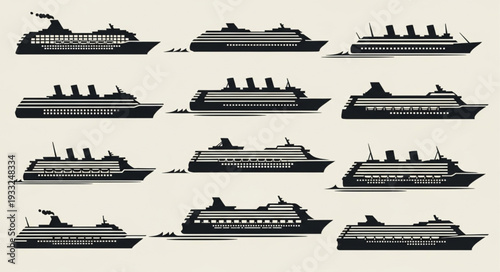 Collection of various cruise ship silhouettes, perfect for travel and transportation themes.