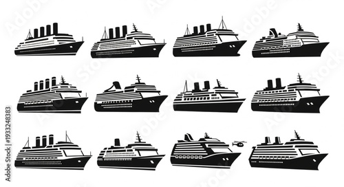 Collection of various cruise ships in black and white, side view, isolated.