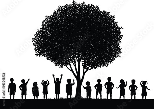 Black silhouette collection of diverse young children cheering and waving in front of a large tree for elementary education nature and happy childhood concepts.