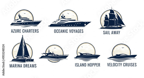 Collection of nautical vessel logos featuring various boat designs and names.