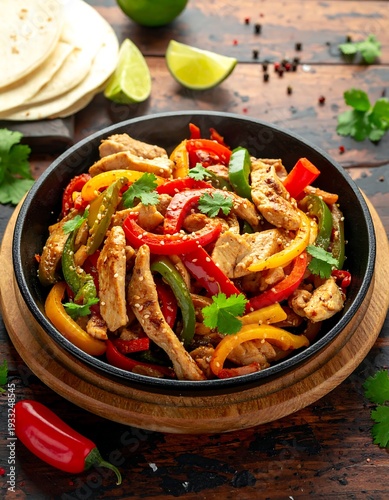Chicken fajitas with peppers, tortillas and limes served in a skillet