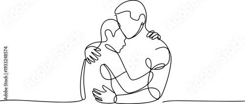 A man and woman embracing tenderly in a simple line art illustration