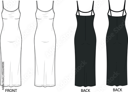 Technical fashion sketch of women's long maxi camisole dress, 