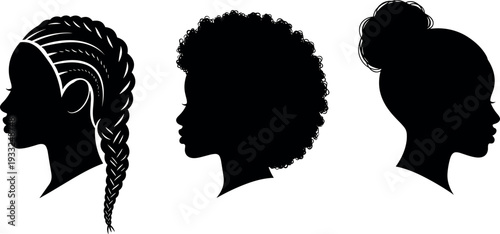 Silhouette of African American woman heads with different natural hairstyles including braids, afro,