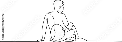 A person sitting on the ground with their legs bent and hands on knees, captured from a side view in a minimalist illustration style