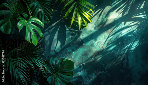 Lush Tropical Leaves and Shadows on Dark Textured Wall
