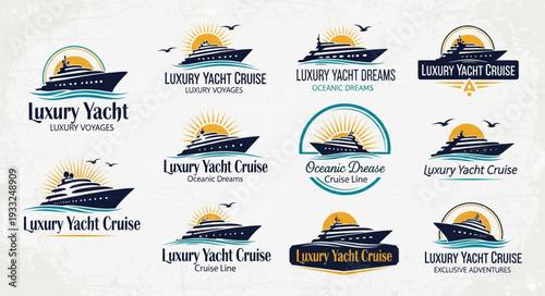 Collection of luxury yacht cruise logos with sun and birds, nautical design.