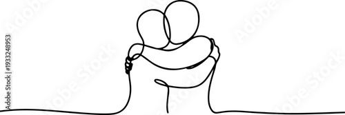 Couple embracing, holding each other, viewed from behind, minimalistic illustration, simple lines, serene atmosphere