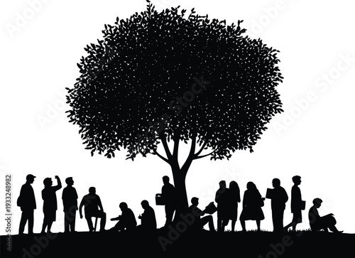 Black silhouette collection of people sitting and standing under a large tree for community gathering outdoor education environmental relaxation and public park lifestyle concepts.