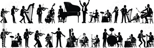 Black silhouette collection of professional orchestral musicians including violinists pianists and a conductor for classical music symphony performance entertainment and creative arts