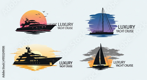 Luxury yacht logos showcasing elegant silhouettes against colorful sunset backgrounds.