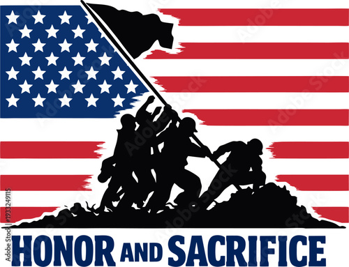 Iconic silhouette of US Marines raising the flag on Iwo Jima against American flag background, symbolizing honor, courage, and sacrifice in WWII.