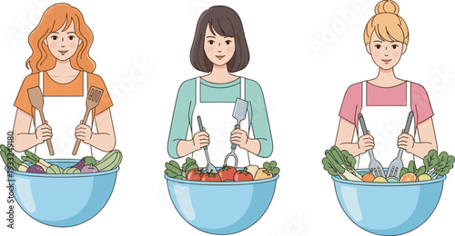 Three young women wearing aprons preparing healthy salad in bowls with fresh vegetables, kitchen utensils, cad drawing flat vector illustration.