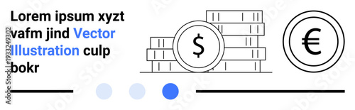 Coin stacks with dollar and euro signs, minimal modern design. Ideal for finance, banking, investments, currency exchange, economic concepts, saving, simple landing page