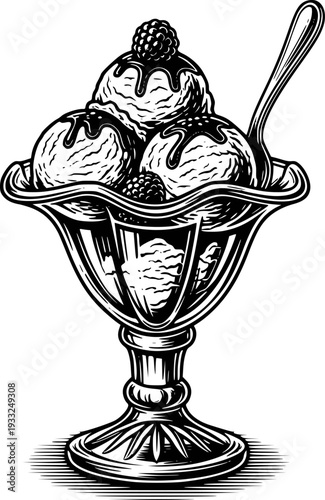 Black and white of a classic ice cream sundae in a glass dish with a spoon dessert