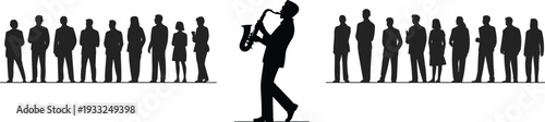 Black silhouette of a male saxophonist playing jazz for a standing professional audience for live musical entertainment corporate events and creative performance lifestyle concepts.