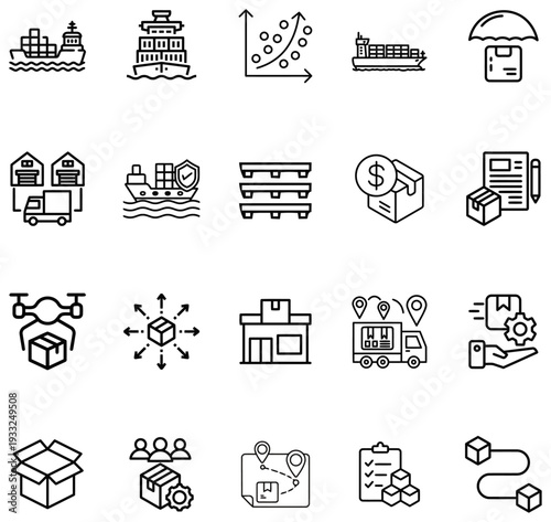 Collection of shipping and logistics including cargo ships delivery trucks drones and packages