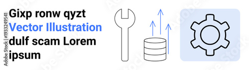Wrench, gear, and database with arrows symbolizing settings, growth, database management. Ideal for technology, maintenance, optimization, engineering development data analytics and simple landing
