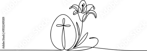A minimalist Easter egg with a cross on it and a blooming flower beside it on a simple background in a line art style