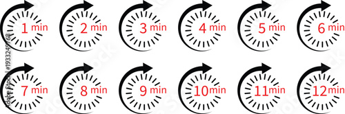 Minute Timer Icon Set Vector, 1 to 12 Minutes Countdown Clock Symbols for Cooking, UI, App and Infographic