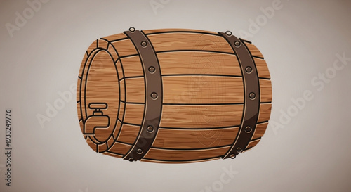 Wooden barrel with metal bands and spigot on transparent background