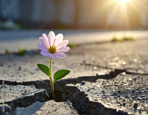 A delicate pink flower blooms defiantly from a crack in the pavement, bathed in warm sunlight. It symbolizes resilience and hope