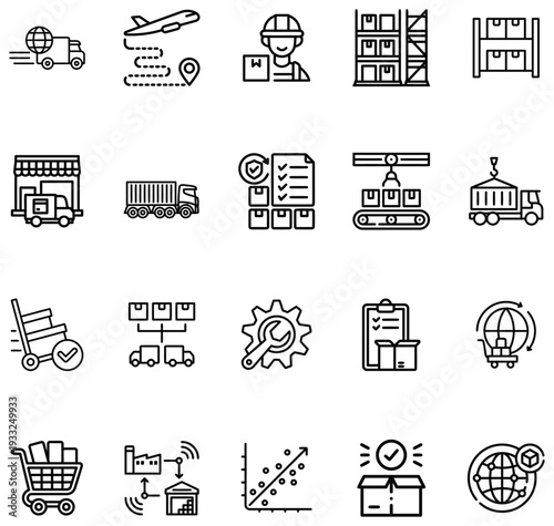 Logistics and supply chain showing delivery trucks airplanes warehouses and global shipping