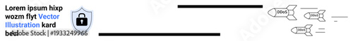 Cybersecurity, data protection, online threats, digital defense, internet safety, security solutions. A shield with a lock and rockets threats. Cybersecurity and data protection concepts