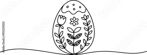 A delicate flower and leaves illustration inside an egg, viewed from the front, in a simple line art style