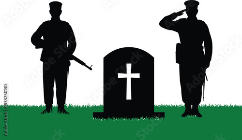 Black silhouette of soldiers standing at a grave with one saluting and one holding a rifle for military memorial remembrance and national sacrifice concepts.