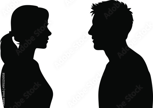 Black silhouette profile of a man and woman facing each other for interpersonal communication relationship counseling human connection and social interaction lifestyle concepts.
